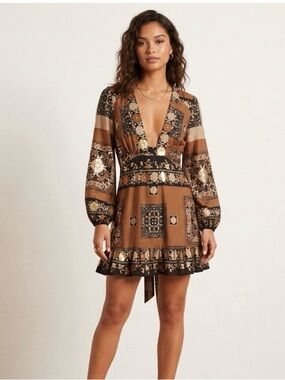 Chelsea & Violet Brown Gold Floral Plunge Mini Dress NWT XS Boho Festival